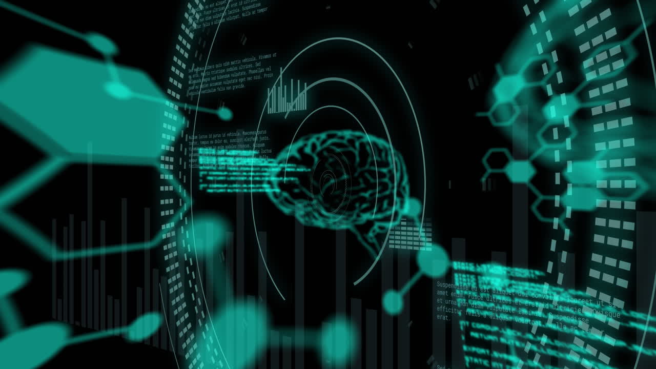 Animation of data processing and human brain over scopes scanning