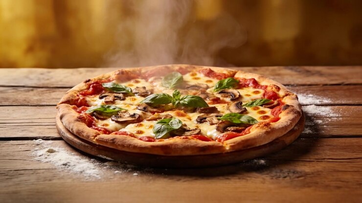 Pizza appena sfornata che rilascia vapore, si raffredda su un tagliere di legno rustico con basilico e funghi.
