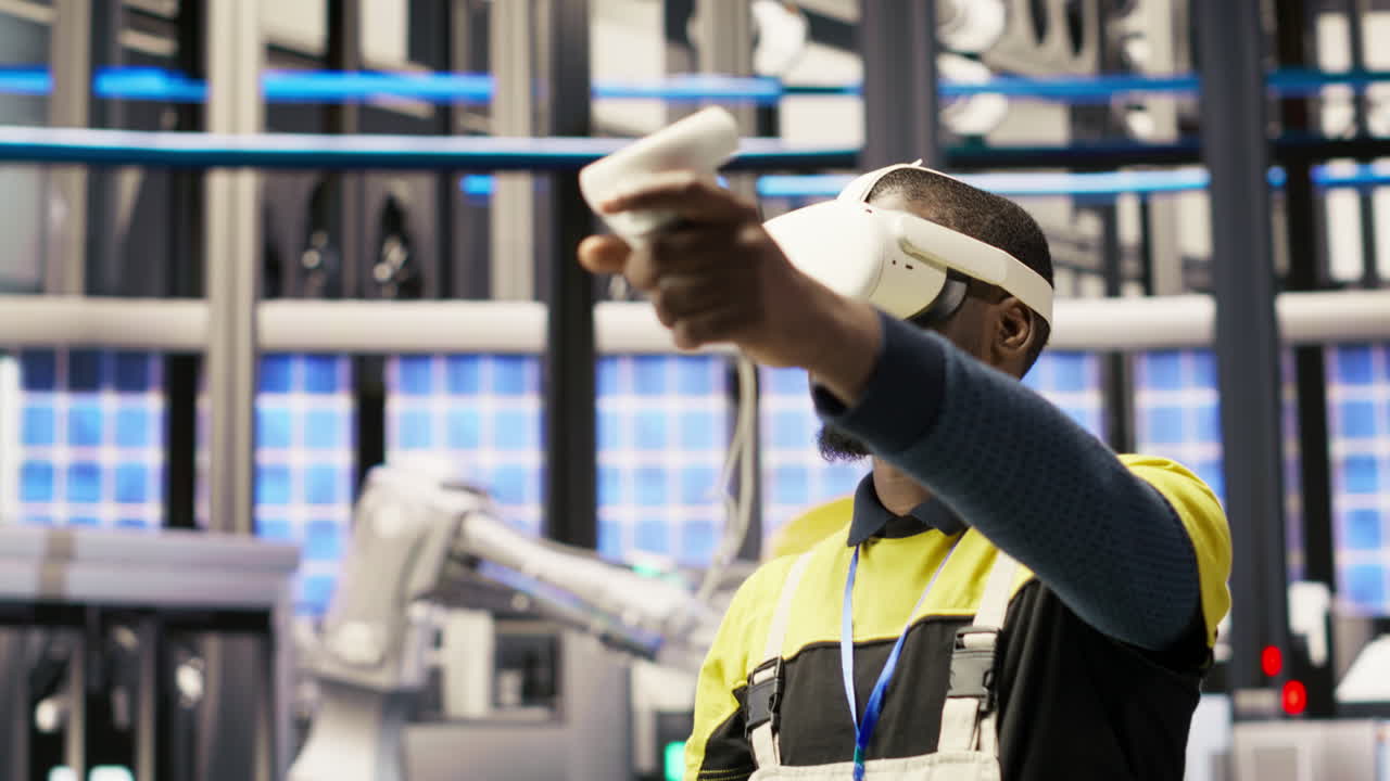 Vertical video Engineer in smart factory does maintenance using VR headset tech