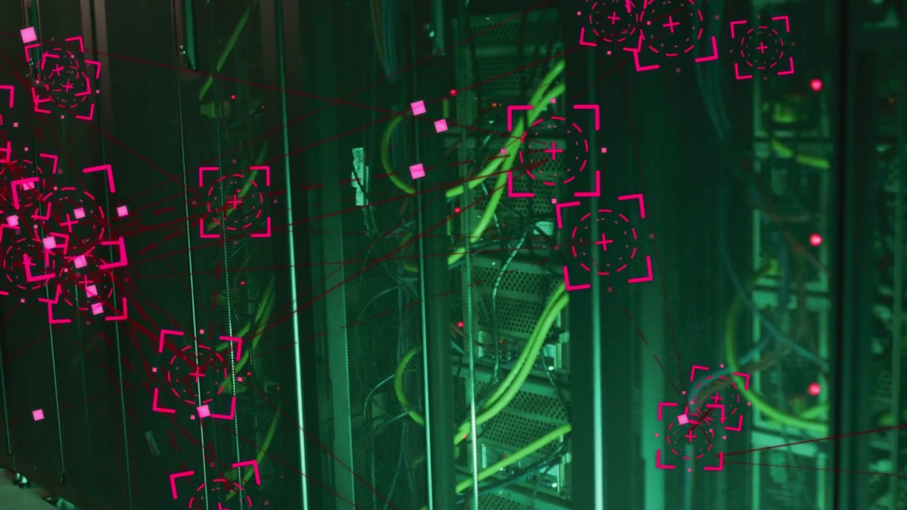 Server racks in data center receiving network scan, magenta HUD targeting cables and LEDs