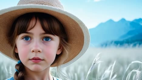 a little girl in a straw hat standing in a field of tall grass