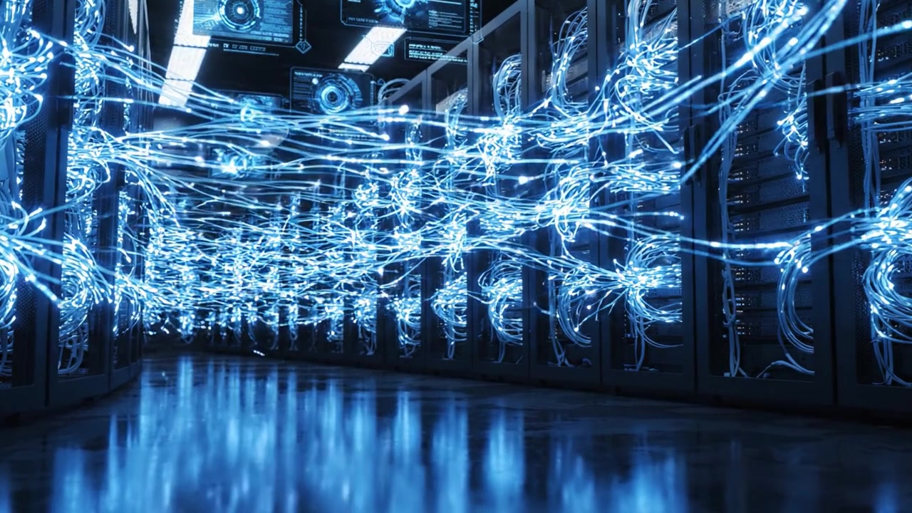 A Captivating Journey Through a High-Tech Data Center, Showcasing the Intricate Networks and Glowing Cables that Power Our Digital World