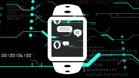 Animation-of-ai-text,-icons-and-data-processing-on-smartwatch-over-circuit-board