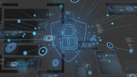 digital security lock animation over various technology images and data points