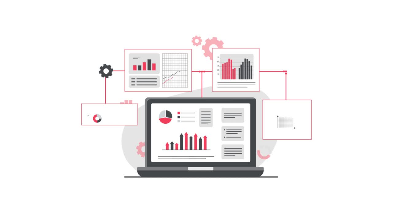 Animated Laptop Displaying Data Charts and Graphs for Business Analysis