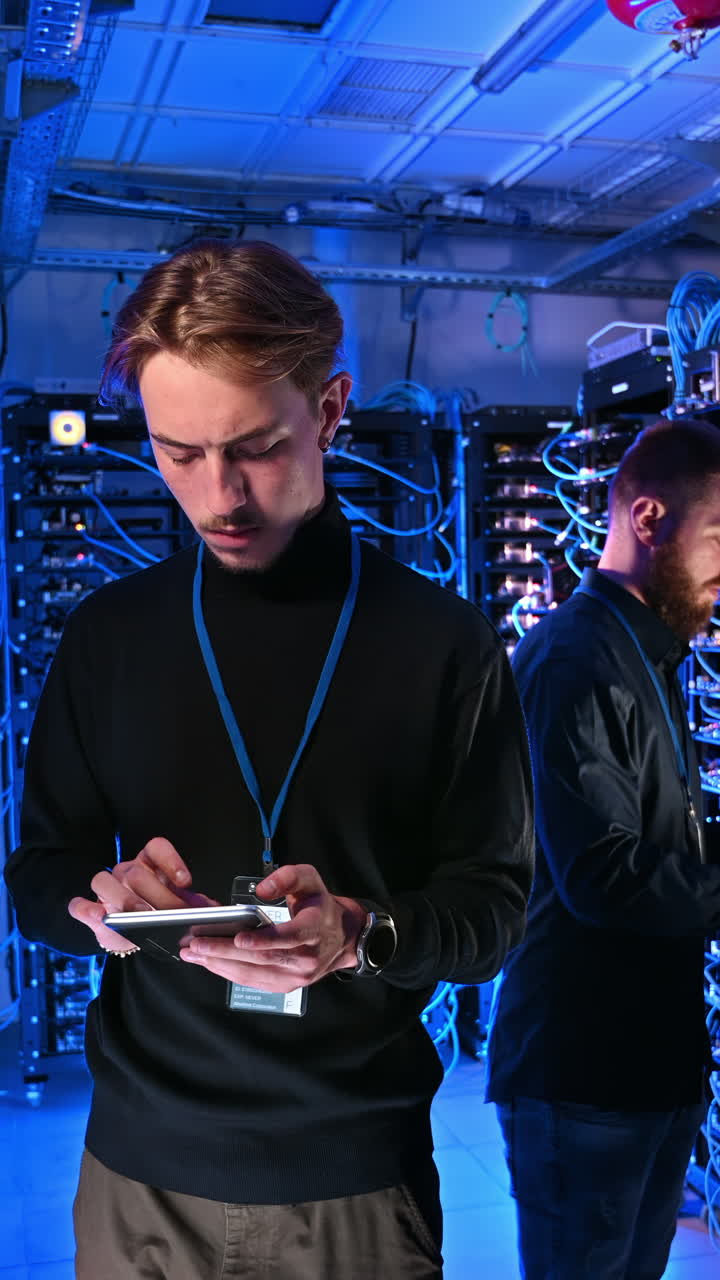 Two men managing data in a server room. Vertical