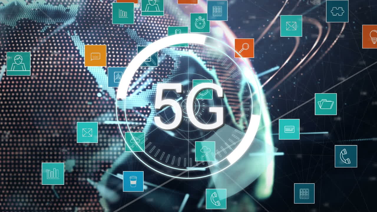 animación de texto 5g con globo e iconos red de conexiones