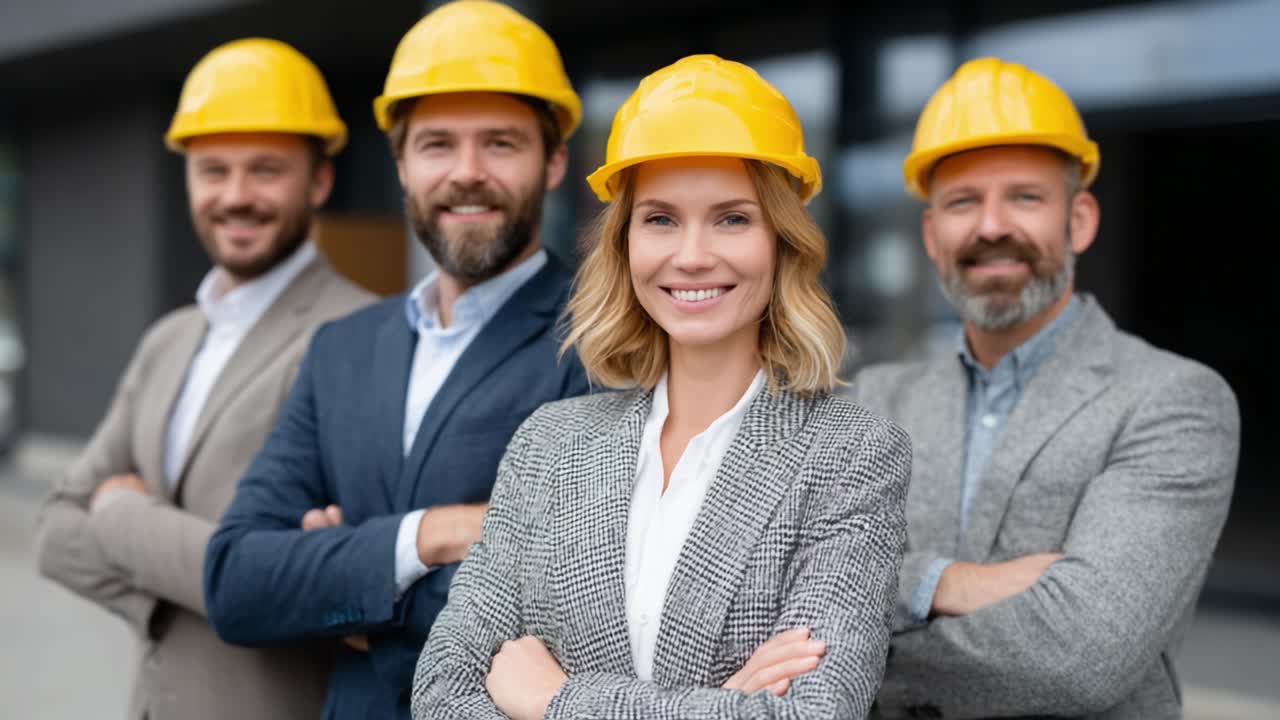 A Confident Team of Construction Professionals in Hard Hats Smile Together, Showcasing Teamwork and Expertise in a Modern Building Environment