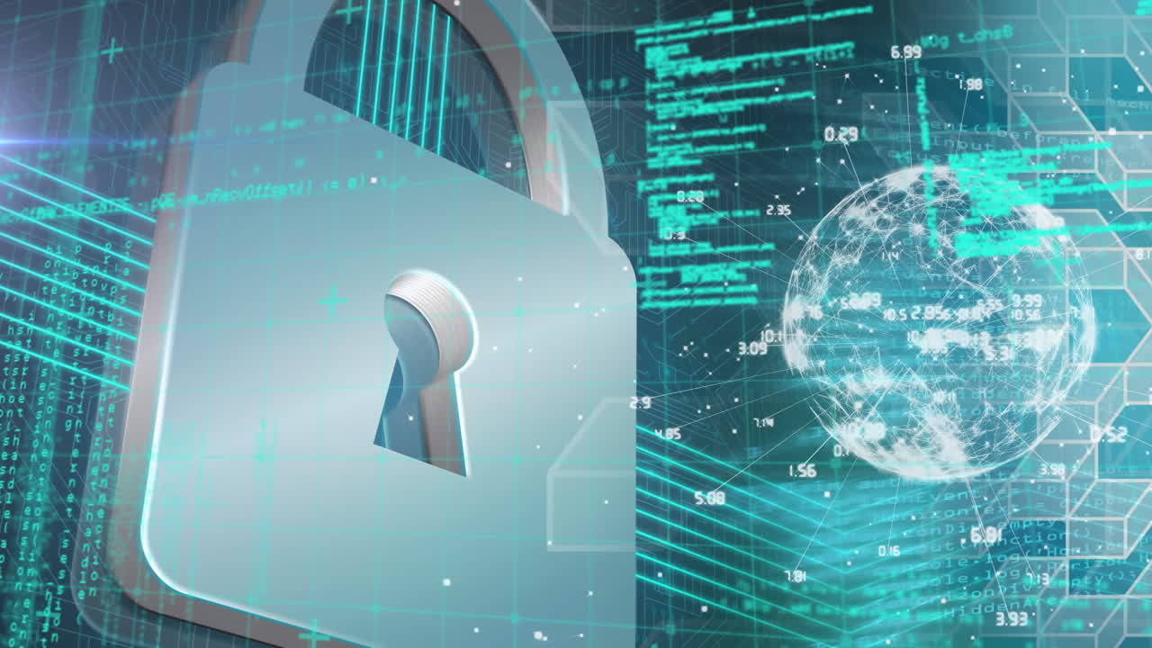 animación del candado de seguridad en línea con procesamiento de datos y globo en el fondo