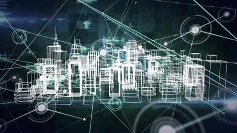 animación de la red de conexiones sobre el modelo de ciudad 3d