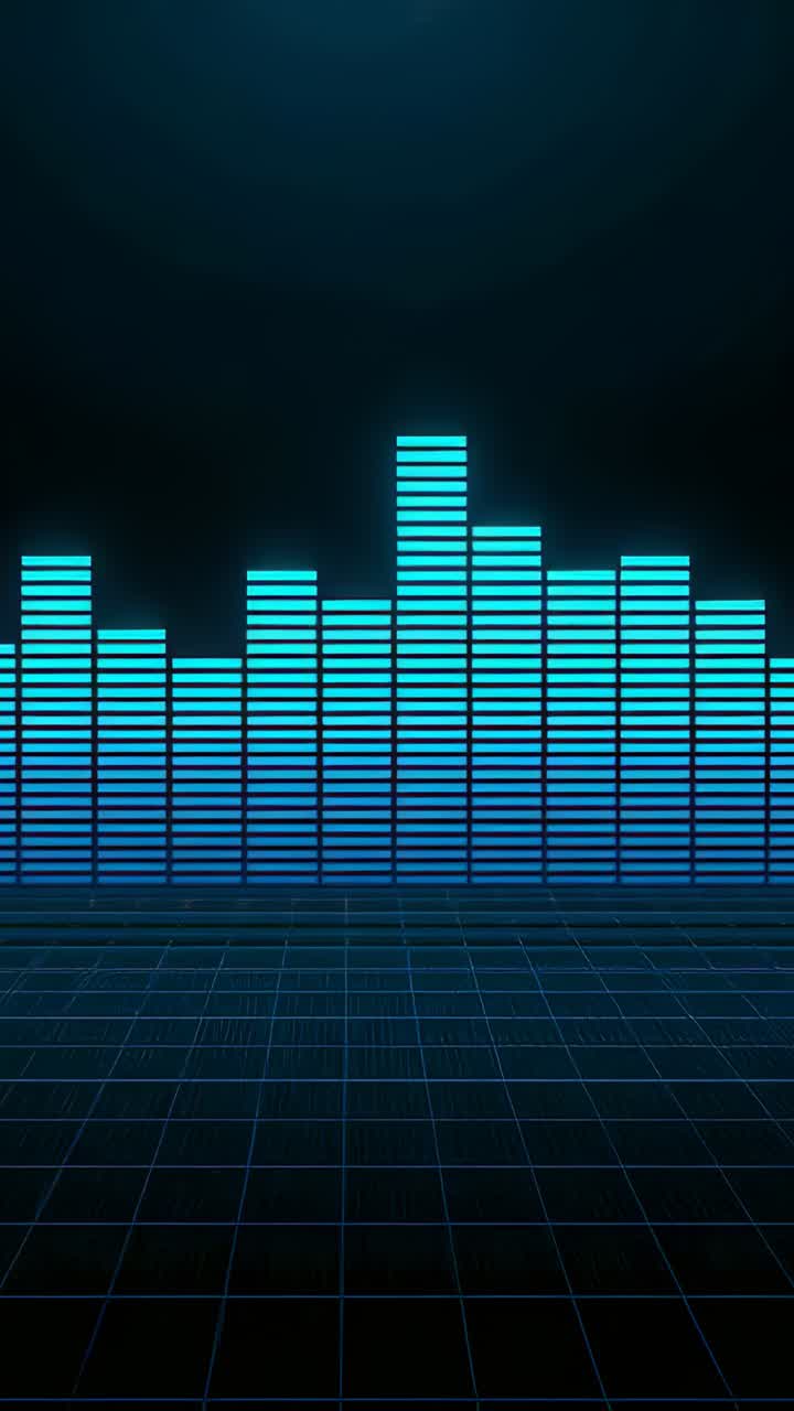 Vertical video: Pulsing equalizer bars rising and falling above glowing grid, matching steady beat