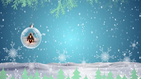 Animation-of-snow-falling-over-snow-globe-and-fir-tree-decoration