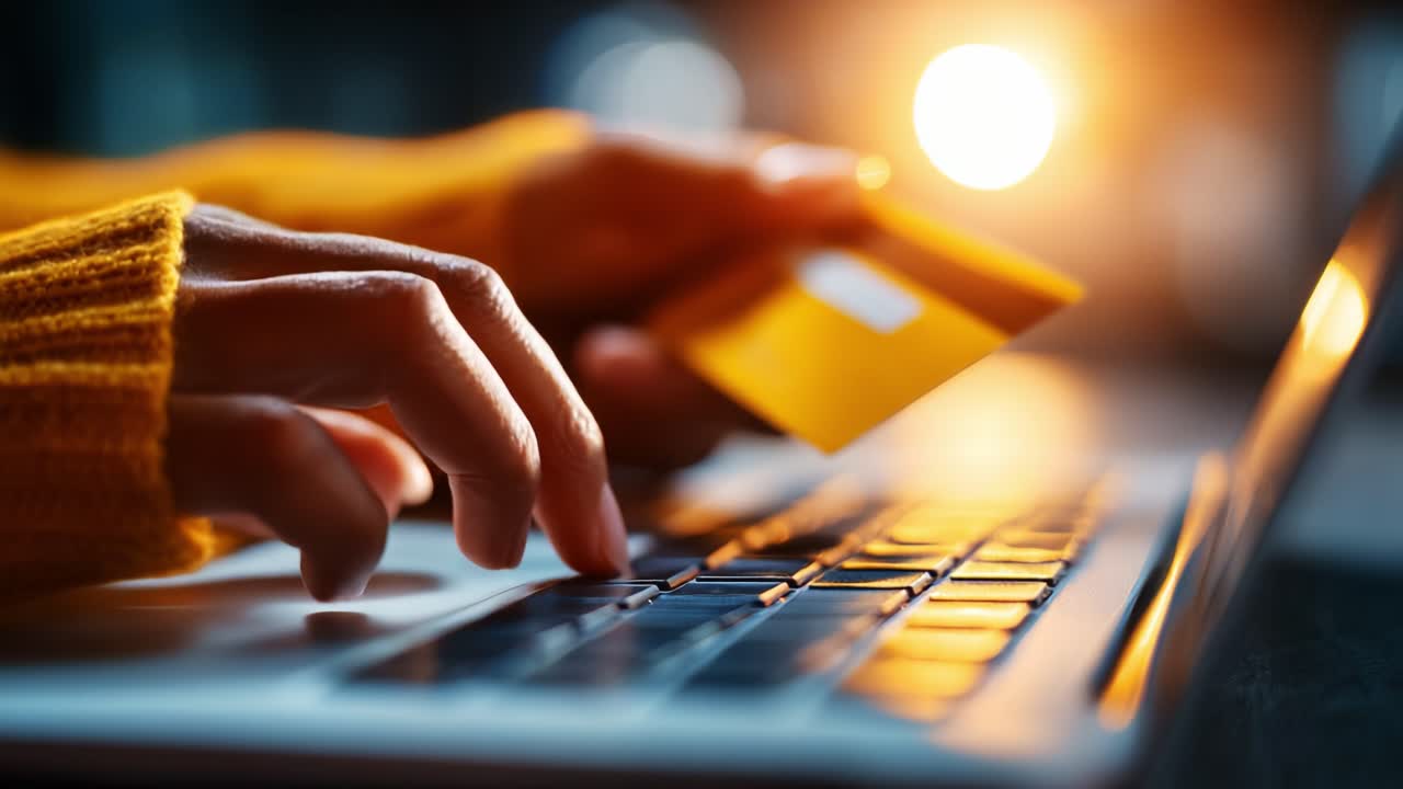 A Close-Up of a Person Using a Laptop for Online Shopping, Featuring a Hand Holding a Credit Card with Warm Lighting and Focus on the Keyboard in an Inviting Atmosphere