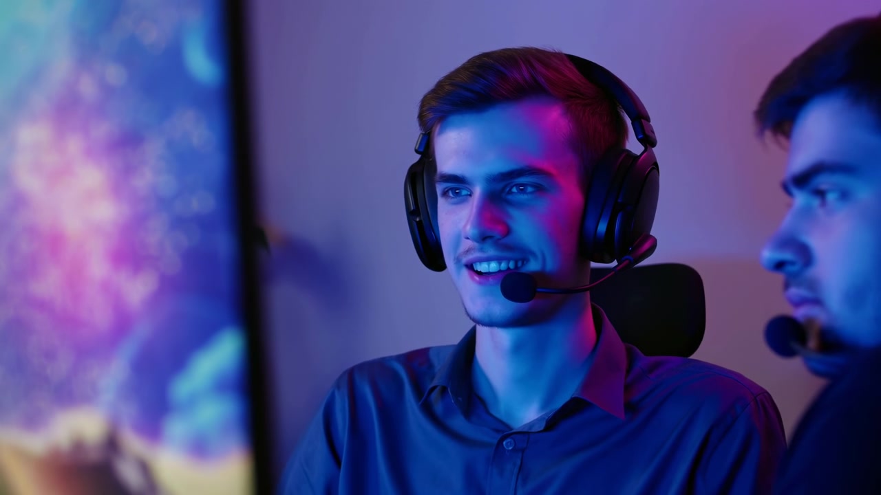 Giocatori in live streaming di gameplay intenso, due streamer maschi con cuffie concentrati su un monitor colorato, neon