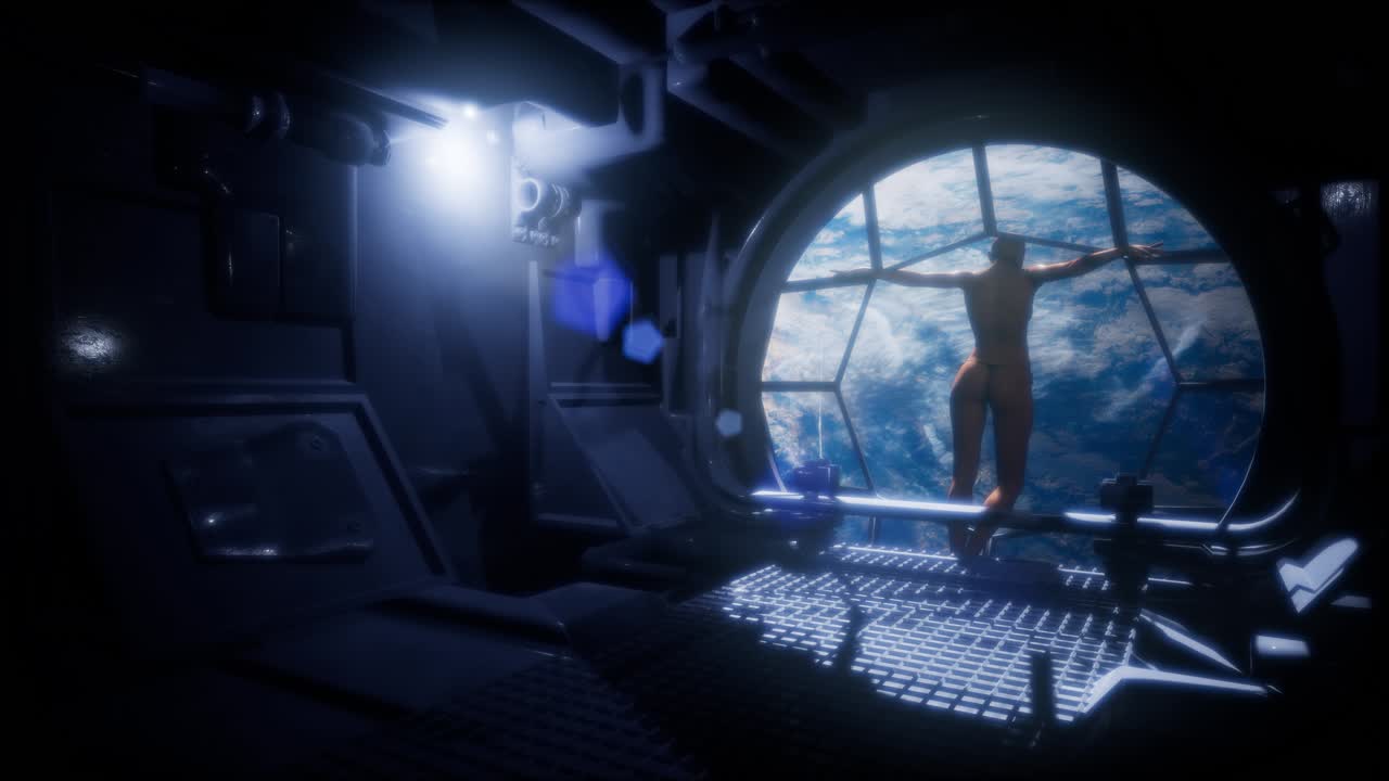 Woman Observing Earth From Space Station Windows Blue Earth and Clouds
