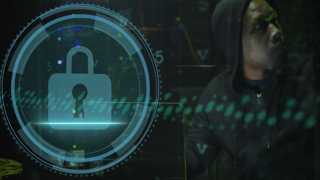 Animation of data processing over african american male hacker in server room