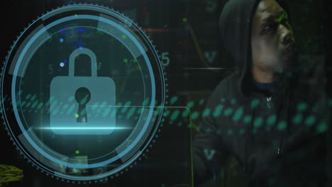 animación del procesamiento de datos sobre un hacker afroamericano en la sala del servidor.