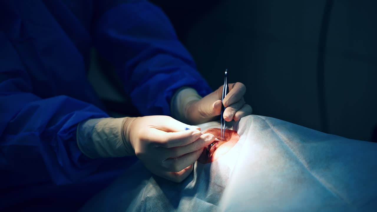 Patient under sterile cover. Doctor in uniform in front of eye in vision surgery operation room at medical clinic