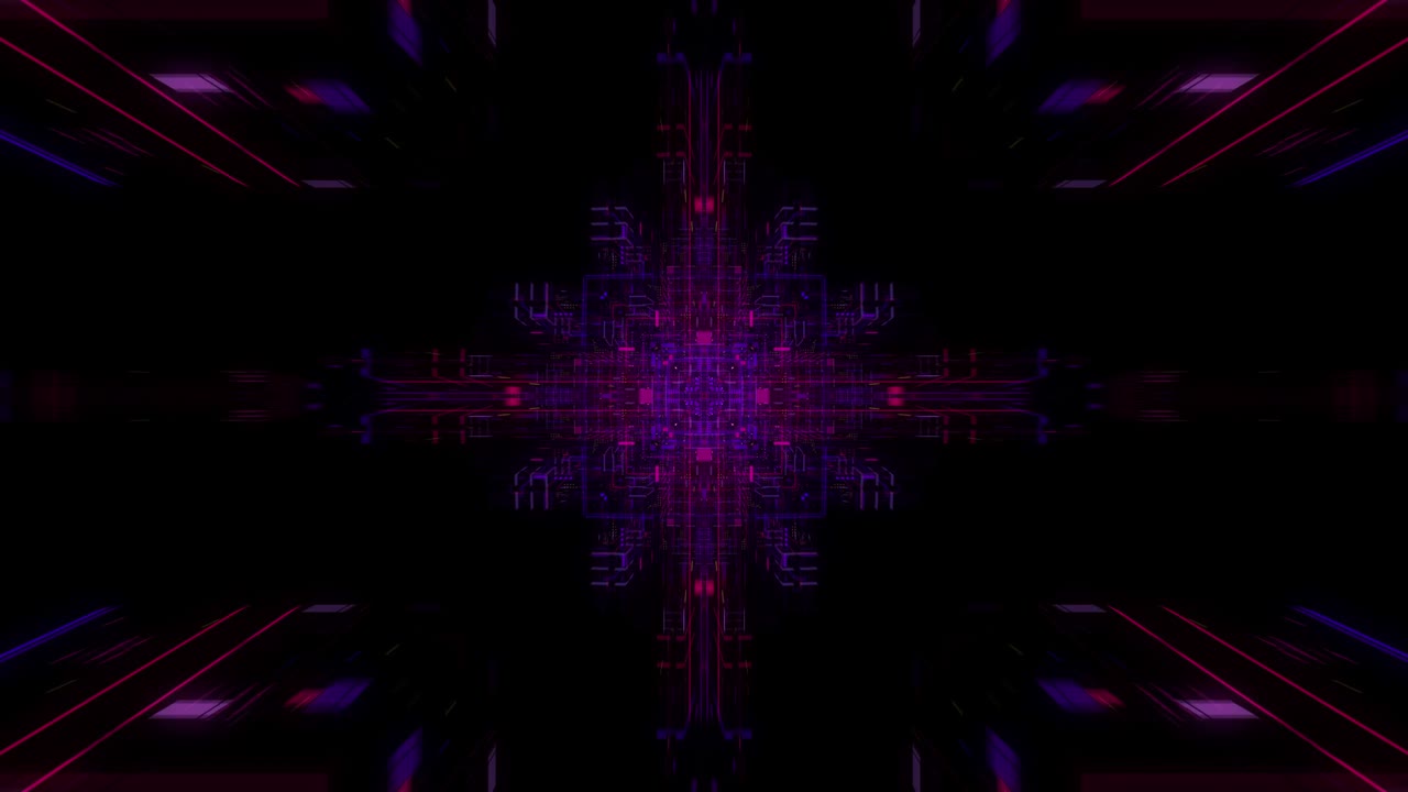 Dati virtuali su display a schermo digitale, concetto di tecnologia futura e programmazione. Unità di elaborazione centrale futuristica volante. Circuiti elettronici all'interno di un computer. Loop continuo, rendering 3D