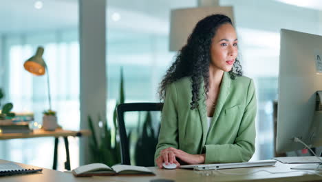 happy, search and computer with black woman