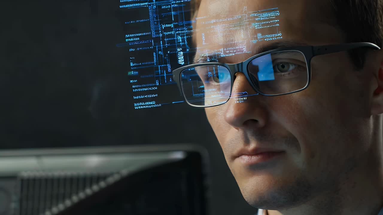 Man's Eyes with Glasses Reflecting Digital Information and Code