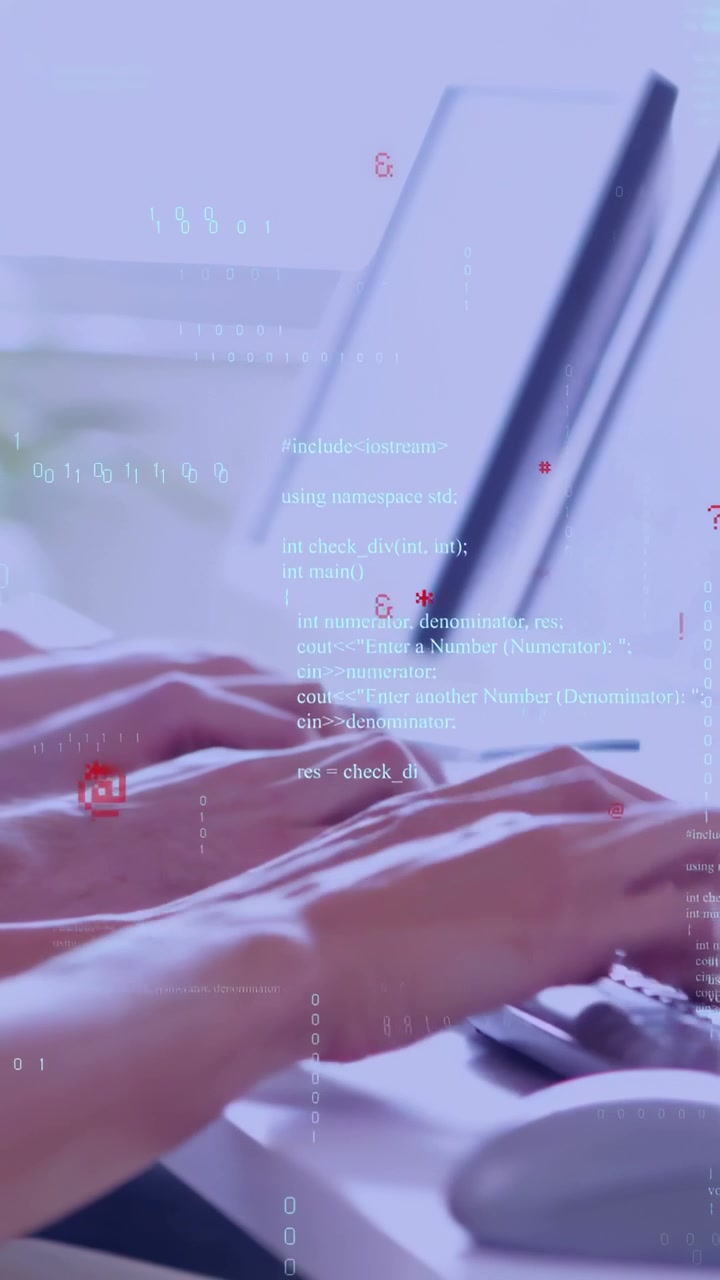 Vídeo vertical: Mãos pousando nas teclas e digitando, programando enquanto código e ícones vermelhos sobrepõem as teclas.