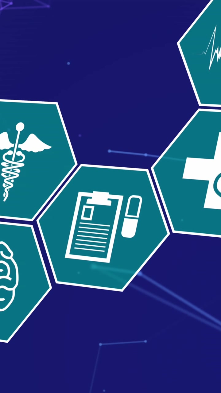 Animazione di diverse icone mediche e una rete di connessioni su sfondo blu
