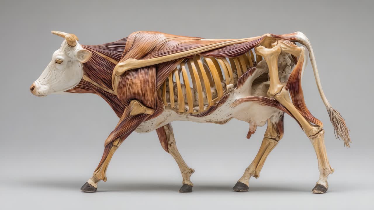 Un Modello Anatomico Dettagliato di una Mucca che Mostra Muscoli e Struttura Scheletrica in una Rappresentazione a Grandezza Naturale a Scopo Didattico