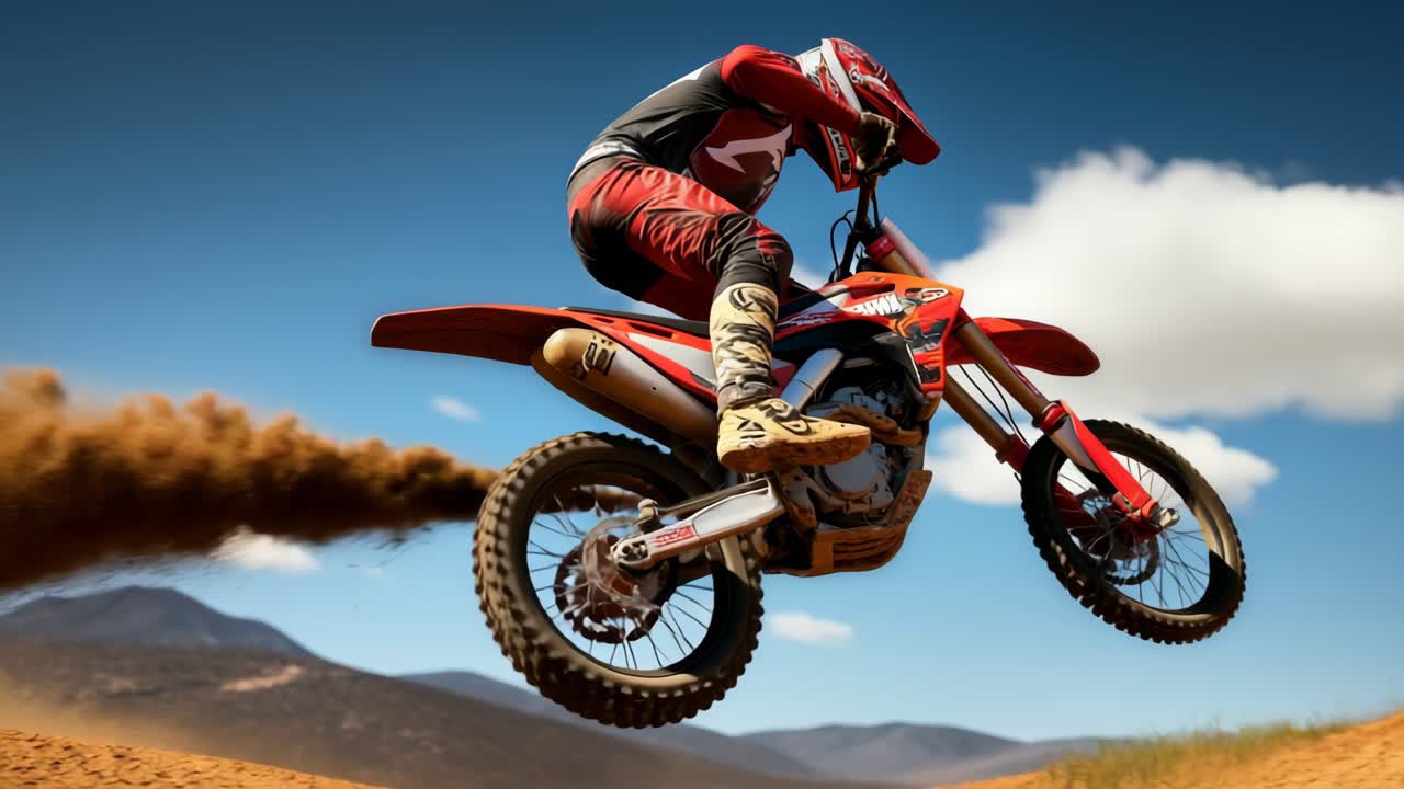 Tomada dinâmica em ângulo baixo de um piloto de motocross no ar contra um céu claro, capturando a emoção