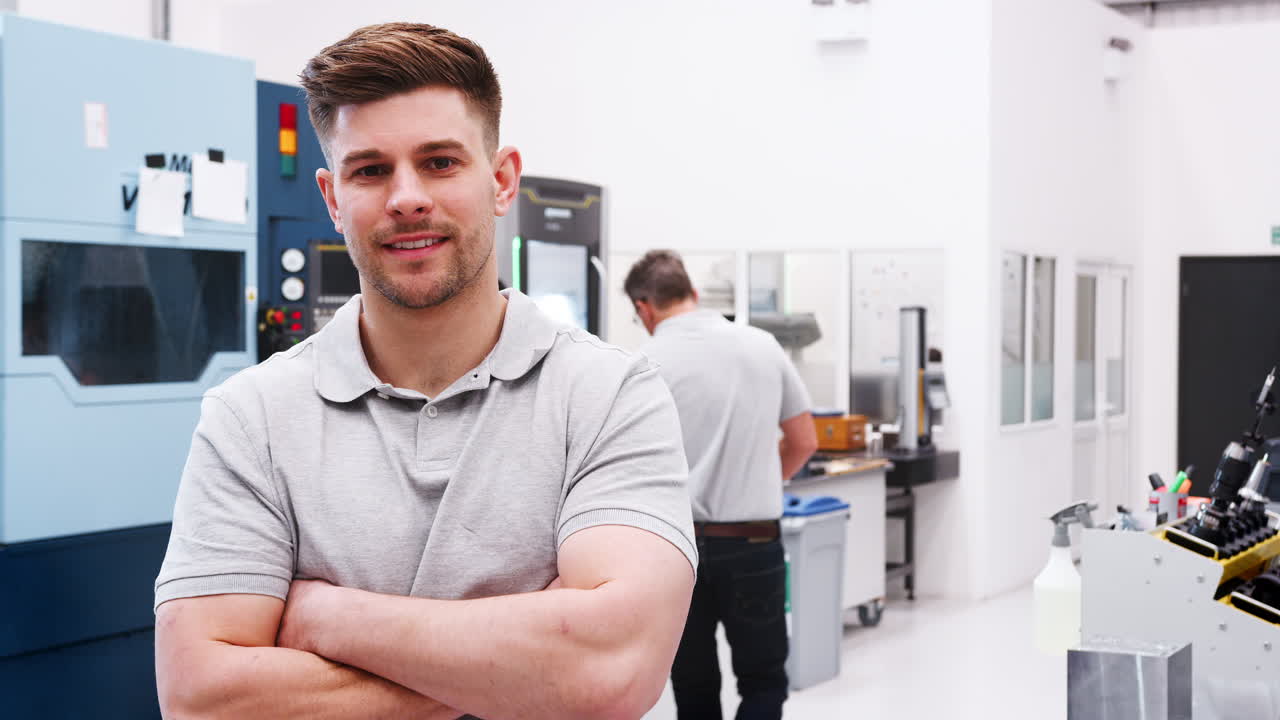 Porträt eines männlichen Ingenieurs auf dem Fabrikboden einer geschäftigen Werkstatt