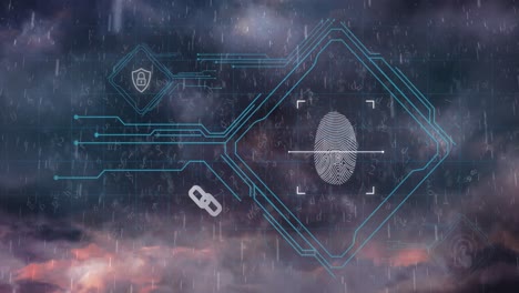 animation of rain falling over interface with biometric fingerprint scanner against dark clouds