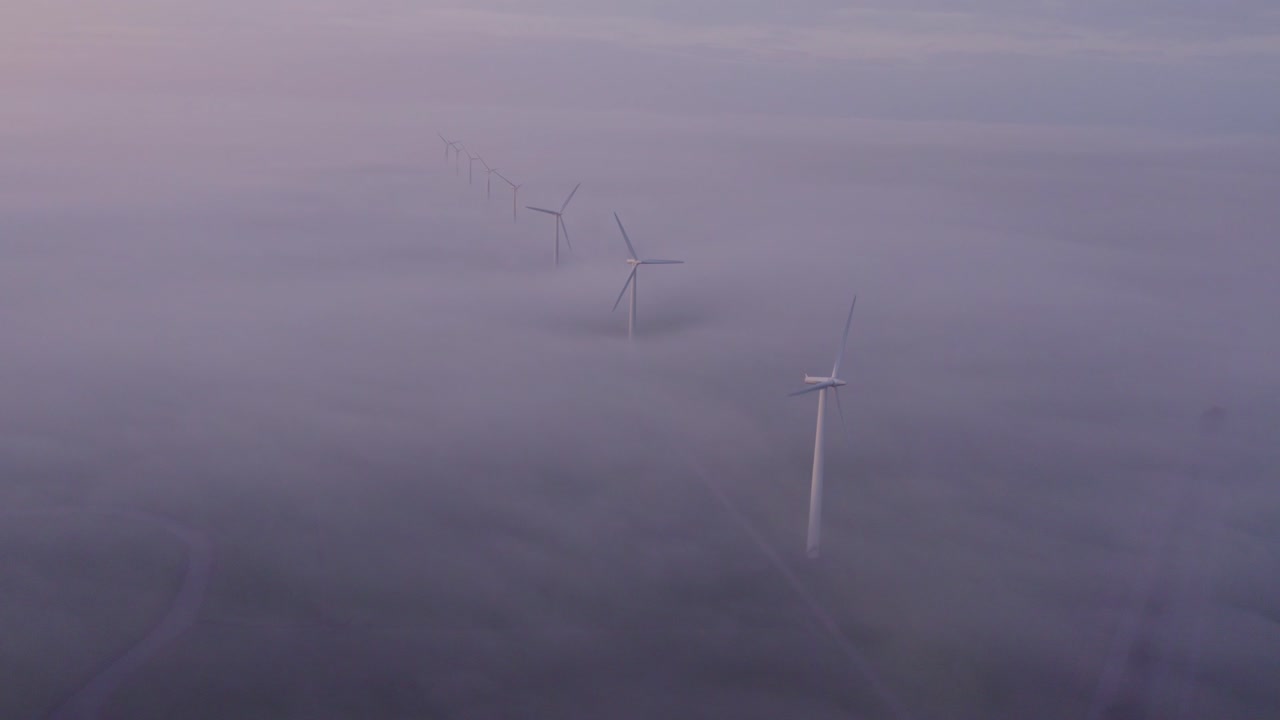 L'alba risplende attraverso la nebbia nel parco eolico di Bolsward