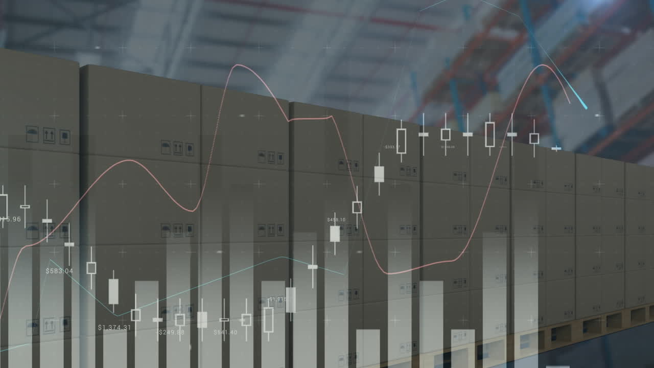 animación del procesamiento de estadísticas sobre cajas de cartón en cinta transportadora en el almacén