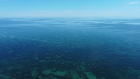 Wunderschönes,-Klares,-Blaues-Süßwasser-Mit-Strand-Und-Vögeln,-Die-Im-Blauen-Himmel-Fliegen