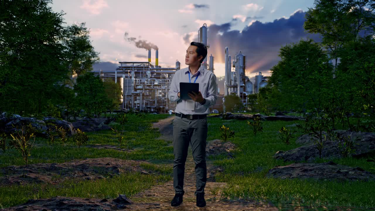Full Body Side View Of An Asian Male Professional Worker In Front Of Oil Refinery, Observes By Looking Up Before He Come To Concentrating On The Tablet And Keep On Typing