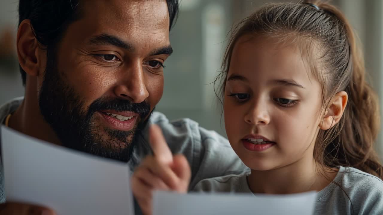 Pointing girl guiding father leaning in, reading pages together on sofa in hoodie and light shirt