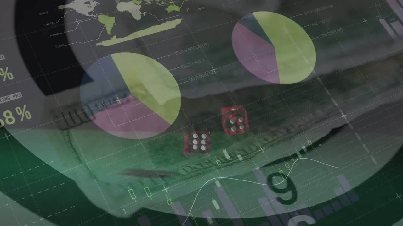 animación del procesamiento de datos sobre billetes y dados