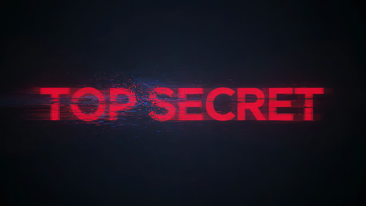 Revealing bold red TOP SECRET title pulsing on gradient backdrop with fading blue flare for secrecy