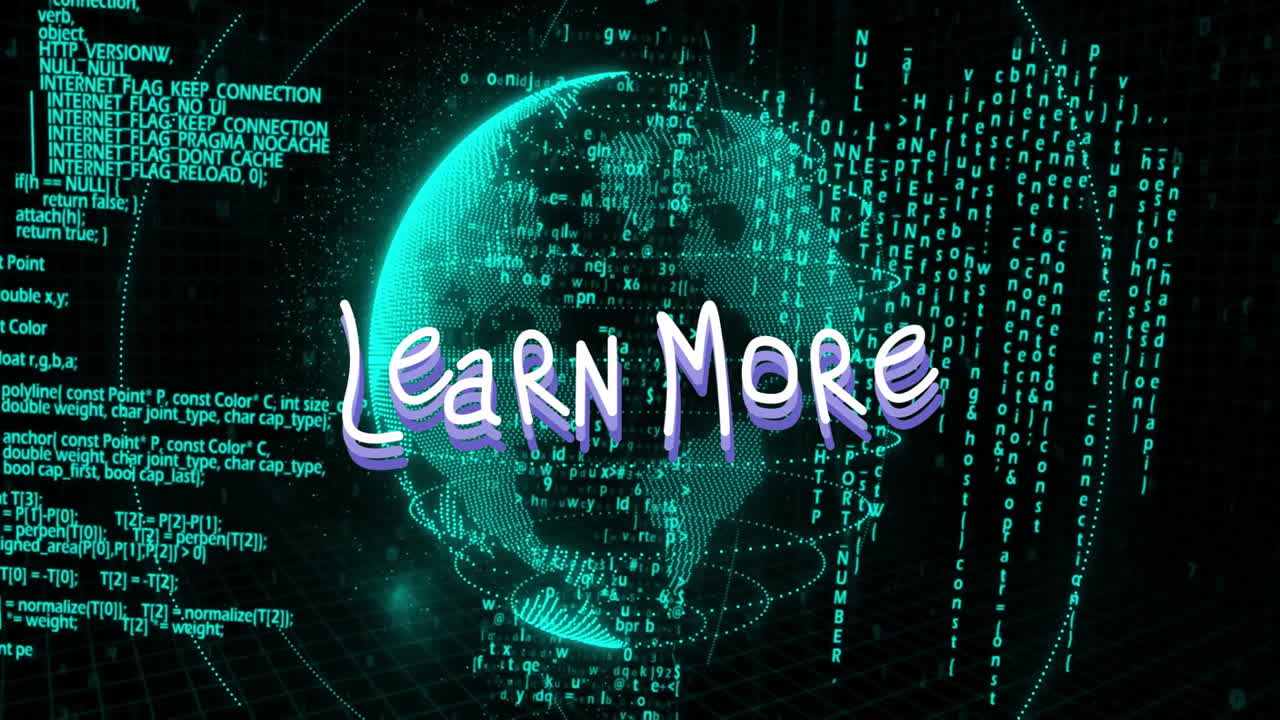 Learn More text over digital globe with green binary code animation
