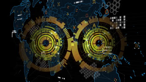 animation of futuristic digital interface with circular patterns over world map