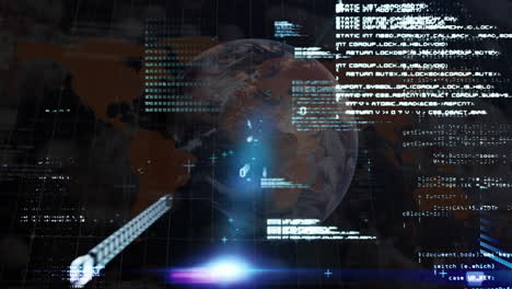 animation of data processing and world map over globe