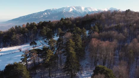 Luftdrohne,-Die-Den-Winterschnee-Des-Mount-Olympus-Aufdeckt-Und-über-Den-Waldvordergrund-Fliegt