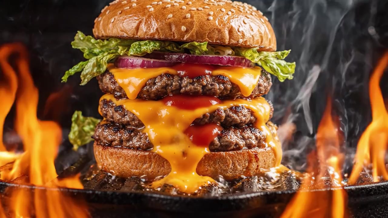 Un irresistibile cheeseburger alla griglia, impilato con tre succosi hamburger, formaggio fuso, lattuga fresca, cipolle e ketchup saporito, pronto a soddisfare la voglia di ogni amante dei burger.