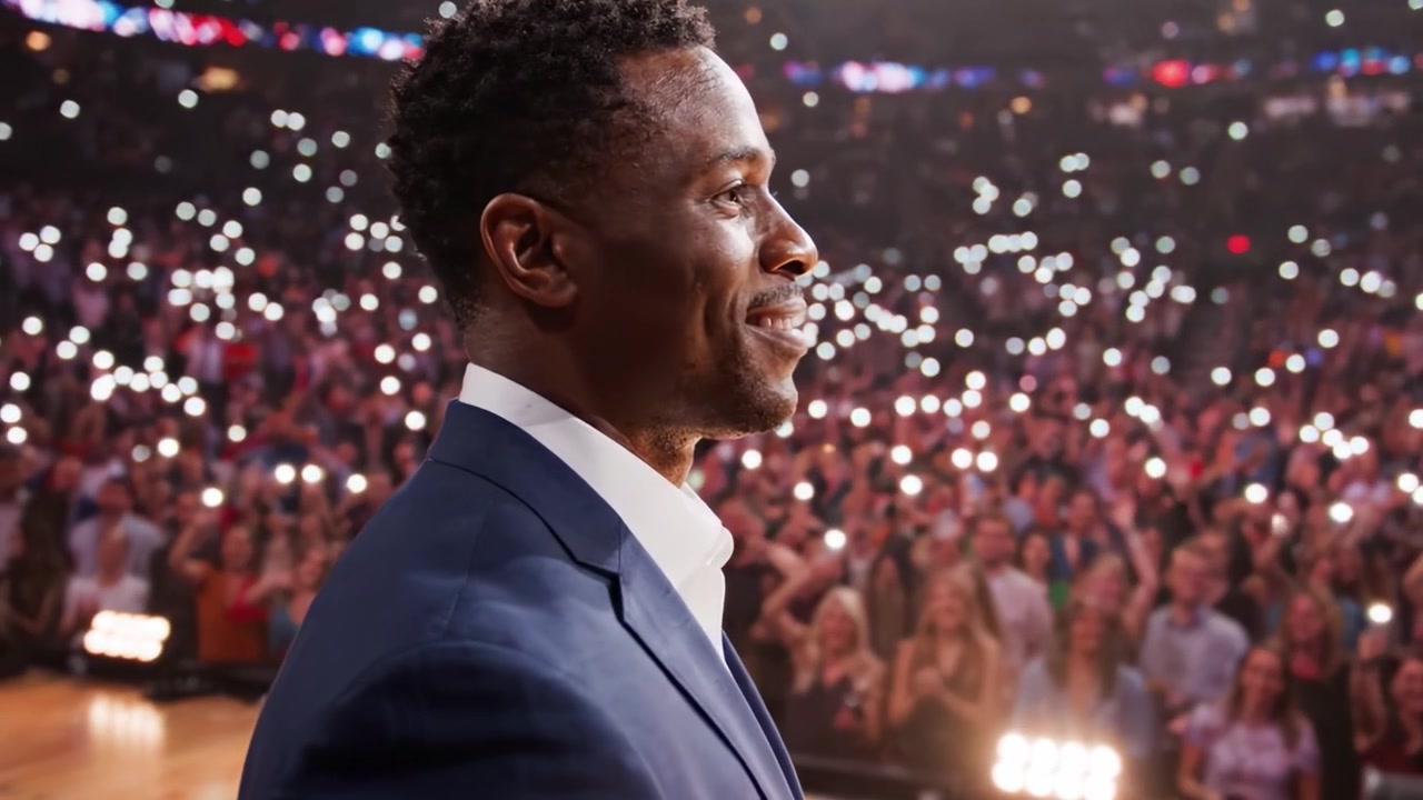 Un artista carismatico sale sul palco davanti a una folla entusiasta, illuminato da migliaia di luci in uno spettacolo accattivante di energia ed eccitazione.