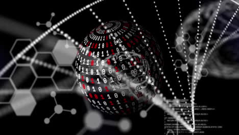 animación del procesamiento de datos médicos y globo de codificación binaria girando contra un fondo negro