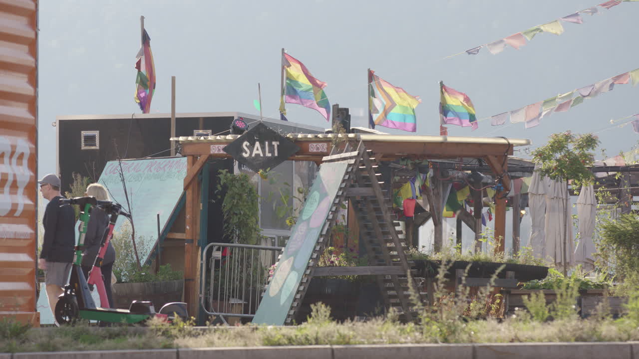 Rainbow and Tibetan prayer flags fly above Salt Arts and Music venue, Oslo