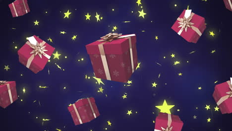 animation of presents and stars falling on blue background