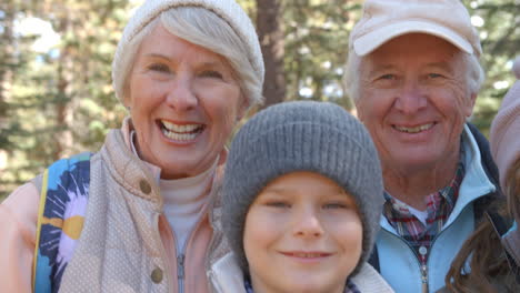 grandparents and grandkids in forest, handheld close up shot