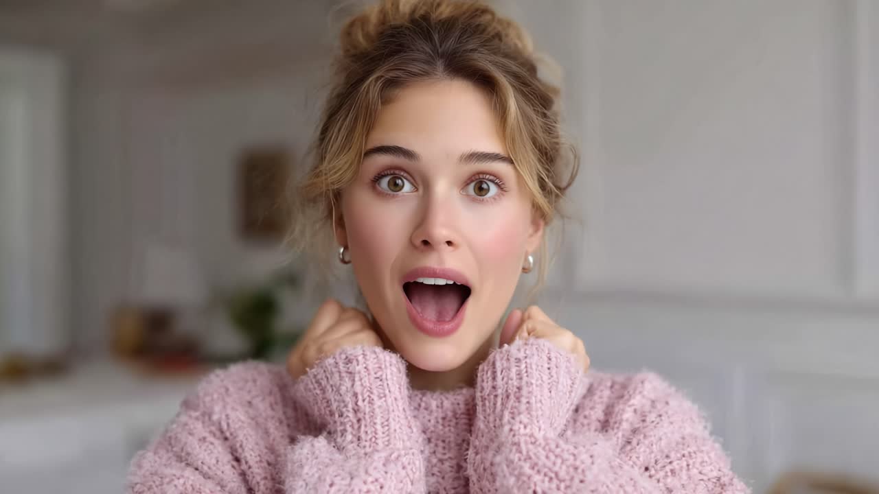 A Surprised Expression of Joy Transitions to Calm Contemplation: Capturing a Young Woman's Emotional Journey in Two Frames