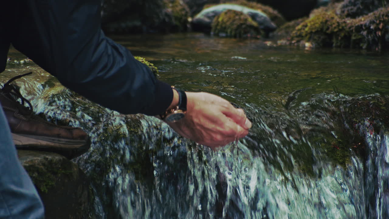 Slow motion shot of man washing hands in river water, Cumbria